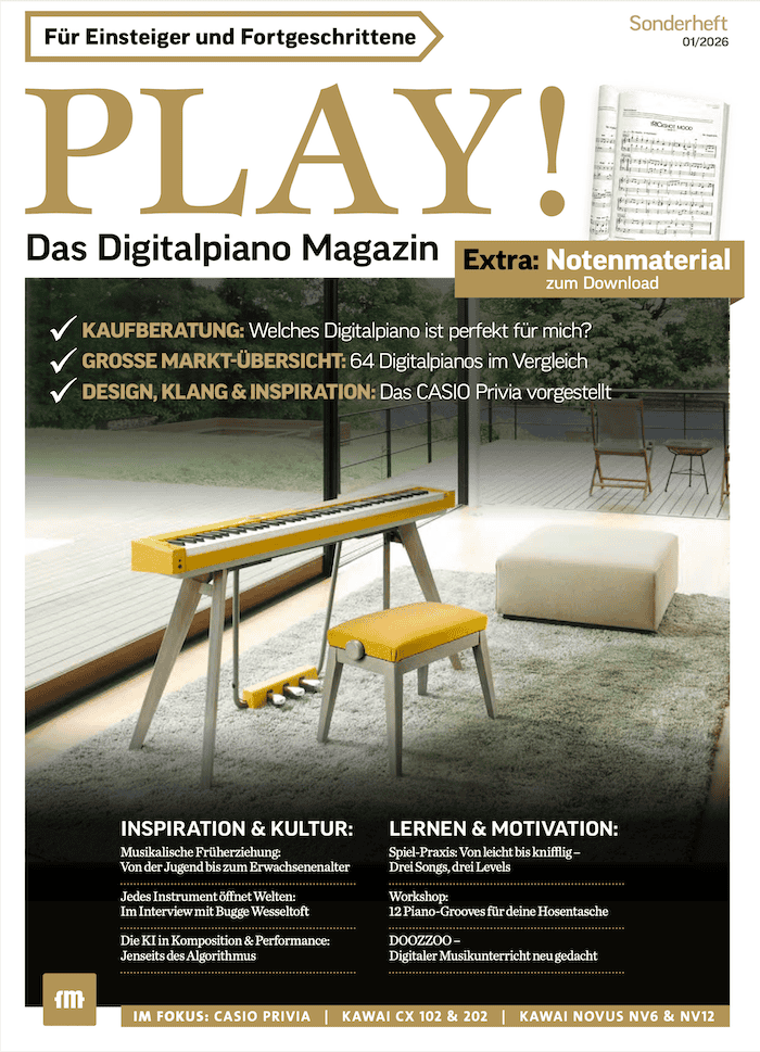 PLAY! Das Digitalpiano Magazin 2026 – ein umfassenden Guide, der alles Wissenswerte rund um Digitalpianos bündelt.